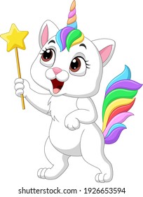 Cartoon funny unicorn cat holding magic wand