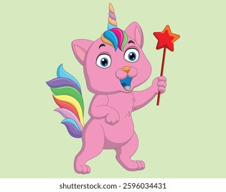 Cartoon funny unicorn cat holding magic wand vector illustration