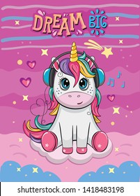 Cartoon Funny Unicorn With Headphones. Cute Little Pony With Rainbow. Wonderland. Fabulous Animal. Children`s Illustration. Postcard For Friends, Family. Fairytale Background With Clouds, Stars, Waves