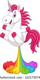 Cartoon funny unicorn horse with rainbows fart