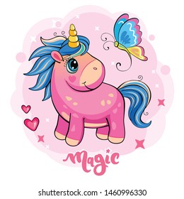 Cartoon funny unicorn on a white background. Cute little pony with butterfly, star, cloud and heart. Wonderland. Fabulous isolated illustration for sticker or print. Poster for friends, family. Vector