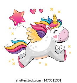 Cartoon funny unicorn on a white background. Cute little pony with stars and heart. Wonderland. Fabulous animal. Isolated children's illustration for sticker, print. Poster for friends, family. Vector