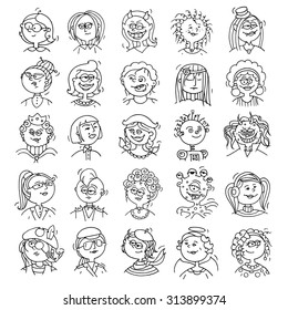 Cartoon funny user avatars in trendy hand drawn doodle style. Set of women character faces with different emotions, professions, hobby. Cute vector illustration isolated on white.