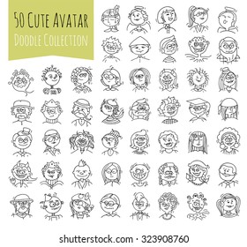 Cartoon funny user avatars in trendy hand drawn doodle style. Set of women, men character faces with different emotions, professions, hobby. Cute vector isolated on white. All objects are grouped.