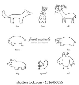 Cartoon funny vector forest animals isolated on white, hand drawn line art sketch, decorative wild mammal set, doodle hand drawn cute illustration line art, Character design for baby card, pattern