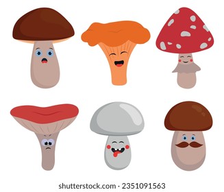 Cartoon funny vector mushrooms illustration. Cute autumn set. Season kids collection. Chanterelle, fly agaric, russula, champignon, porcini