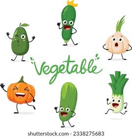 Cartoon funny Vegetable, avocado, zucchini, cucumber, garlic and pumpkin, set of Cute characters, Isolated on white background