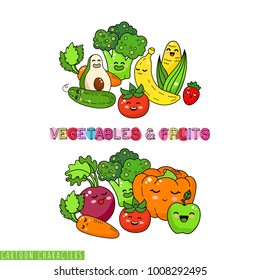 Cartoon funny vegetable characters. Happy smiling vegetable and fruits label. Healthy vegetable and fruits doodle. Happy food sticker, big collection. Carrot, tomato, broccoli. Pumpkin and apple