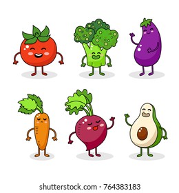 Cartoon funny vegetable characters. Happy smiling vegetable face isolated on white background. Healthy vegetable doodle illustration. Happy food sticker, big collection. Carrot, tomato, broccoli.