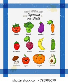 Cartoon funny vegetable characters. Happy smiling vegetable print on kitchen towel. Healthy vegetable doodle illustration. Happy food sticker, big collection. Carrot, tomato, broccoli, banana.