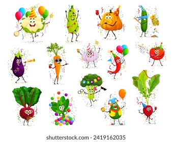 Caricatura graciosos personajes vegetales en aniversario de cumpleaños, fiesta vectorial. Broccoli, zanahoria y espinaca en celebración de cumpleaños feliz con globos, pinata mexicana y confetti