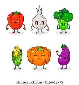 Cartoon funny vegetable characters. Pepper, corn, onion. Happy smiling vegetable isolated on white background. Healthy vegetable doodle illustration. Happy food sticker. Broccoli, pumpkin, eggplant