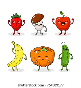 Cartoon funny vegetable and fruit characters. Happy smiling vegetable face isolated on white background. Healthy fruit doodle illustration. Happy vegetable sticker big collection. 