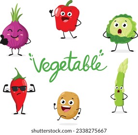 Cartoon funny Vegetable, potato, red peppers, cabbage, onion, chili and asparagus, set of Cute characters, Isolated on white background