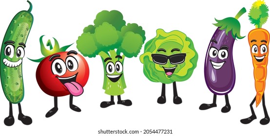 Cartoon funny vegetables with smiling faces