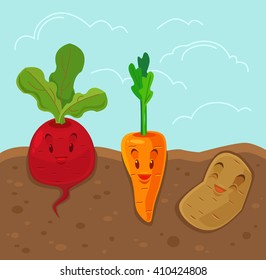 Caricatura con verduras graciosas. Ilustración plana del vector