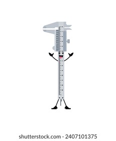 Cartoon funny Vernier caliper diy, building and repair tool character. Isolated vector whimsical measurement carpentry instrument with a goofy face, happy eyes and playful grin, extends arms comically