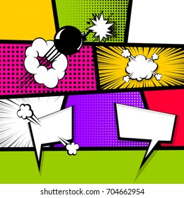 Dibujos animados divertidos vintage tira de texto de superhéroe de cómic, burbuja de discurso, globo, caja de mensaje, bomba de explosión. Ilustración de semitono de Vector. Gráfico de humor en blanco. Plantilla de portada de la revista de cómics de arte Pop.