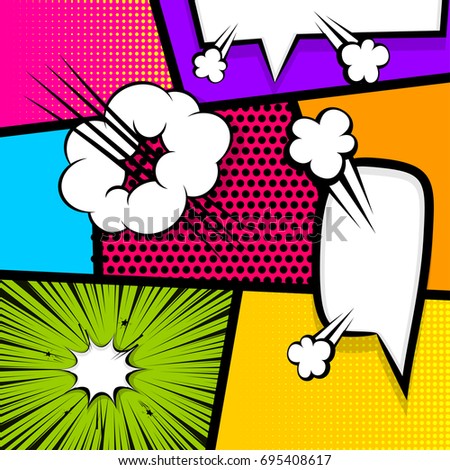 Cartoon funny vintage strip comic superhero text, speech bubble, balloon, box message, burst bomb. Vector halftone illustration. Blank humor graphic. Pop art comics book magazine cover template.