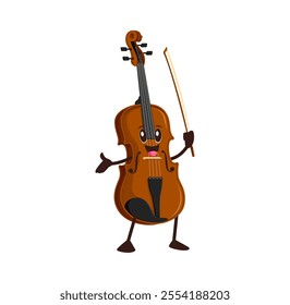 Cartoon funny violin character. Isolated vector musical string instrument, cute cello personage with smiling face and bow in hand playing classic music or promotes educational classes for kids