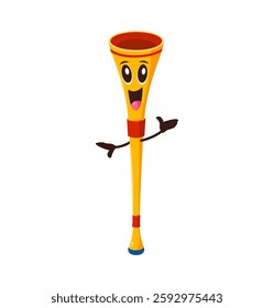 Cartoon funny vuvuzela musical instrument character, music personage. Isolated vector wind pipe, funny comic trumpet with happy smiling face, ready for party, festival celebration or sports tournament