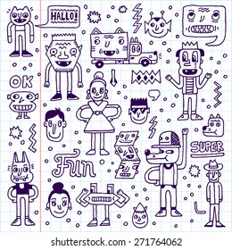 Cartoon funny wacky doodle set 1. Vector illustration. Hand drawn. School notebook.