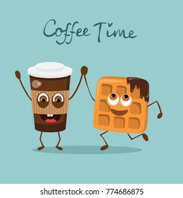 Cartoon funny waffle and a cup of coffee with emotions. Vector card with hand drawn lettering - Coffee time