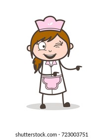 Cartoon Funny Waitress Pointing and Winking Eye Vector Illustration