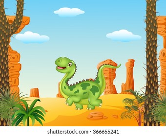 Cartoon funny walking dinosaur in the desert background