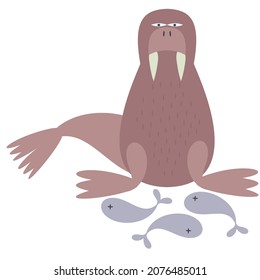 Cartoon funny walrus. Fish catch