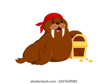 Cartoon funny walrus pirate animal character. Isolated vector jolly morse corsair sea creature personage, wear sailor bandana with anchor tattoo on its fin, guarding treasure chest with a toothy grin