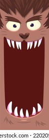 Cartoon funny werewolf character design with scary face expression. Halloween vector illustration isolated on white. Party poster,package design or holiday decoration