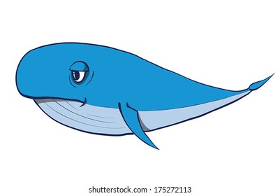 Cartoon funny whale. Vector hand drawn illustration