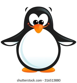 Cartoon funny whimsical vector illustration of a black and white smiling penguin with orange beak and feet making a happy gesture