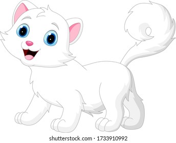 Cartoon funny white cat isolated on white background