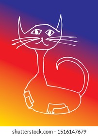 Cartoon funny white drawing of a cat on a bright red, yellow, blue background. Vector graphics art.