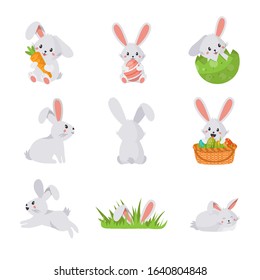 Cartoon funny white easter bunnies in different poses flat set. Cute rabbit holding carrot or huge egg, sitting in green grass, basket or eggshell, sleeping, jumping, running. Vector illustration