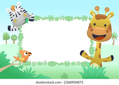Cartoon funny wild animals with blank sign. Vector illustration