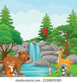 Cartoon funny wild animals in the river