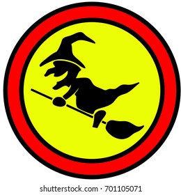 Cartoon funny witch on a broomstick sign
