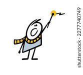 Cartoon funny wizard character in a striped scarf conjures with a magic wand. Vector illustration funny stickman pronounces a spell.