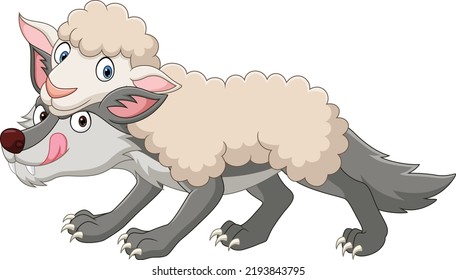 Cartoon funny wolf in sheep clothing