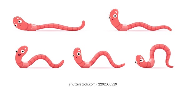 Caricatura de gusano gracioso. Animación de la lombriz de la tierra. Marco de secuencia de vectores del movimiento de insectos de compost del suelo. Lombrera de criatura de la vida silvestre rosa, gusanos aislados invertebrados del jardín