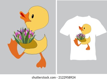 Cartoon funny yellow duckling with a bouquet of tulips in his hands. Drawn character. The vector illustration is ready to print on t-shirts, apparel, posters and more.