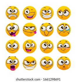 Cartoon funny yellow faces. Comic emoji set. Vector isolated icons. Facial stickers for messaging.