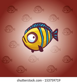 Cartoon funny yellow fish on a orange background.