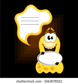 Cartoon funny yellow monster, microbe, alien, bacteria with clear badge. Vector illustration