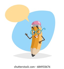 Cartoon funny yellow nerd pencil character in goggles gives okay and wink. Education mascot in glasses for kids with dummy speech bubble. Vector illustration isolated on white background.