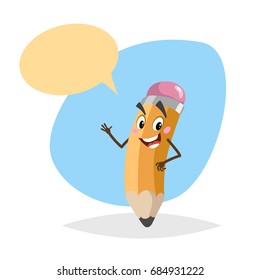 Cartoon funny yellow pencil character. Education mascot for kids with dummy speech bubble. Vector illustration isolated on white background.