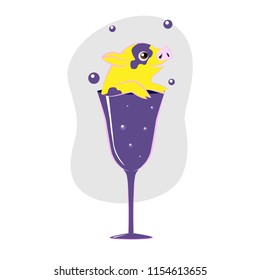 Cartoon funny yellow pig with big eyes in glass of wine. Symbol of 2019 year. Vector illustration.